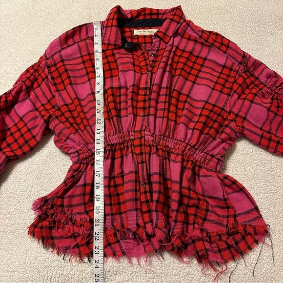 Free People Pink Red Combo Plaid Ruched Sleeve Pacific Dawn Blouse - Picture 8 of 14